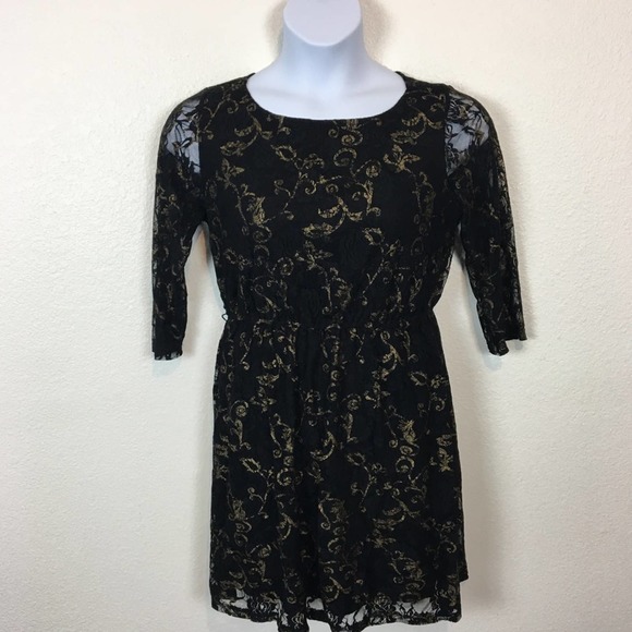 Funky 90s y2k Goth Wanna Be Black Lace Dress with Gold - Picture 2 of 7